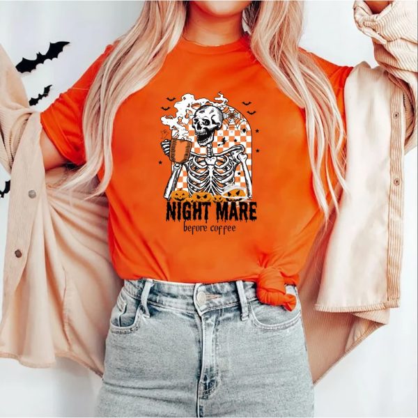 Funny Halloween Skeleton Coffee Fall Sweatshirt Night Mare Before Coffe