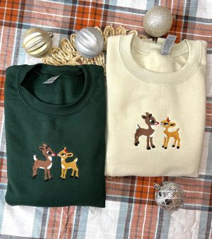 Classic Rudolph and Clarice Reindeer Embroidered Sweatshirt Hoodie T-Shirt