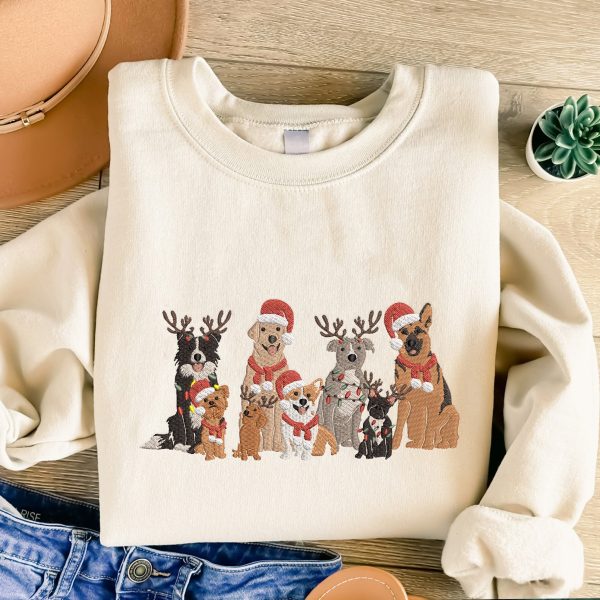 Embroidered Christmas Family Dogs Sweatshirt Hoodie T-Shirt