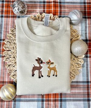 Classic Rudolph And Clarice Reindeer Embroidered Sweatshirt Hoodie T-Shirt