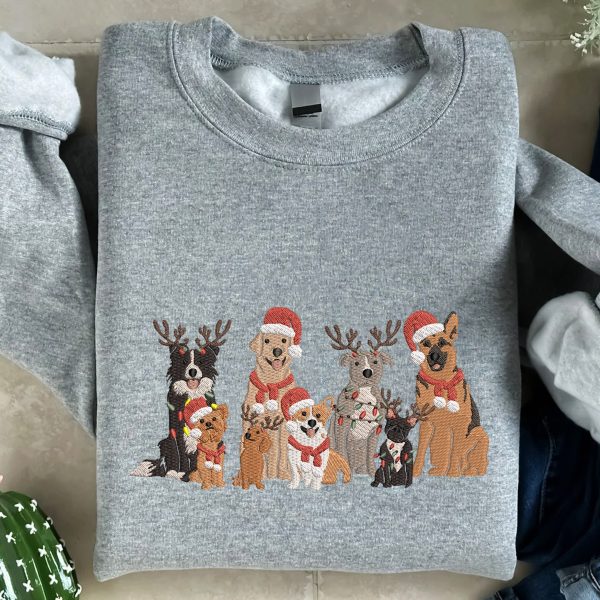 Embroidered Christmas Family Dogs Sweatshirt Hoodie T-Shirt